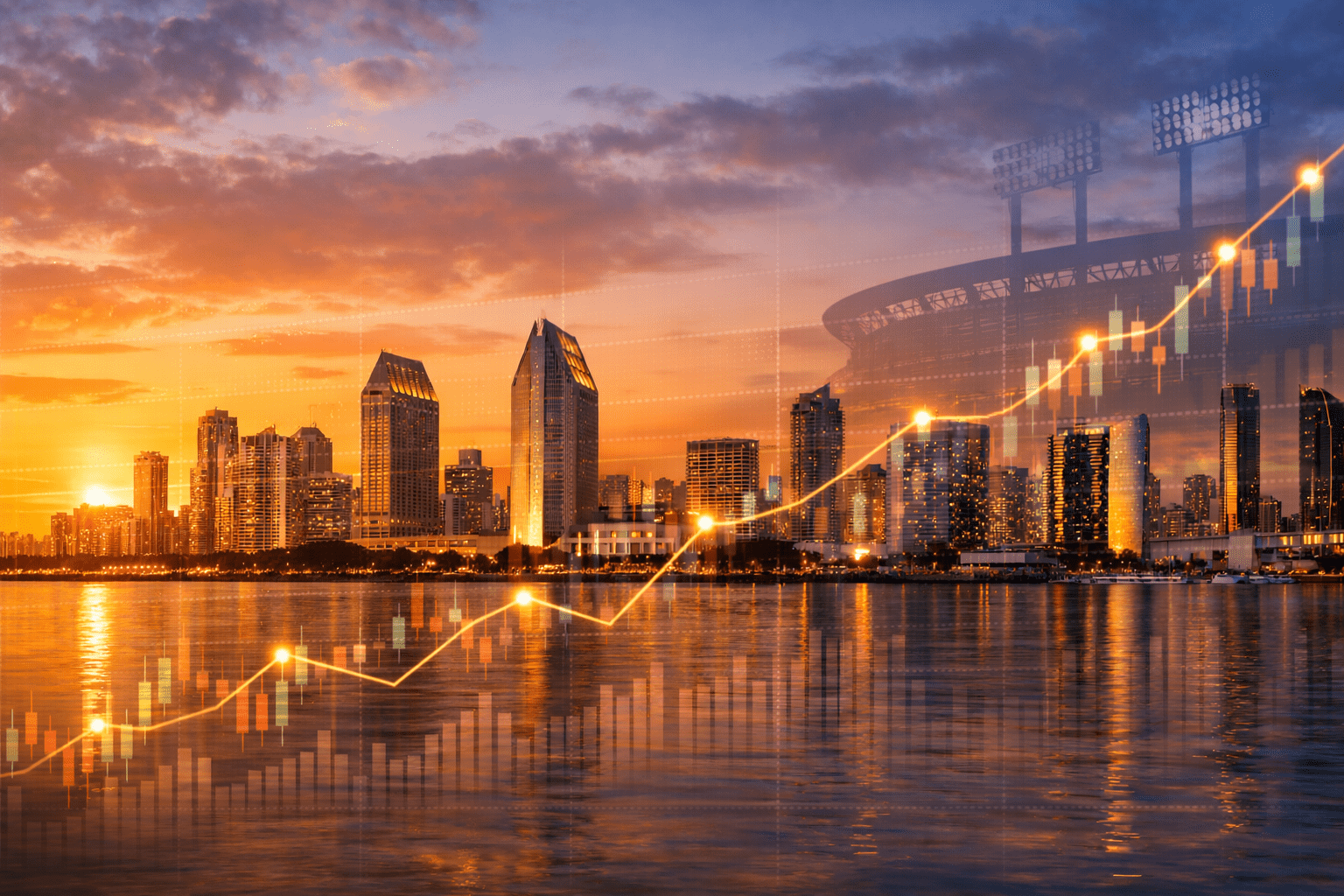 A serene sunset over a city skyline with a chart overlay, symbolizing financial growth and urban development.